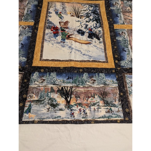 Handcrafted Quilted Wall Hanging /‎ Lap Blanket Family Animals Winter Scene Sled - Picture 4 of 16